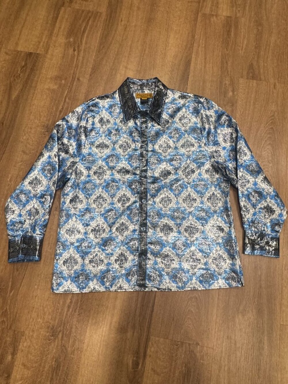 Prestige Original PR-312 Men's Large Blue Paisley 100% Rayon Button-Up Shirt
